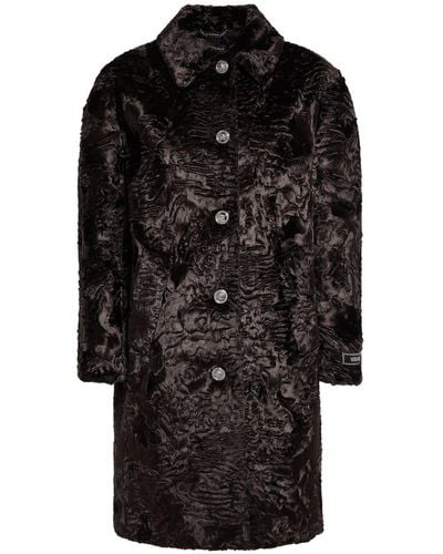 Versace Astrakan Faux Fur Logo Detail Coat - Black
