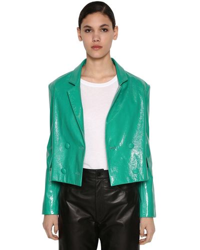 DROMe Cropped Crackled Leather Jacket - Green