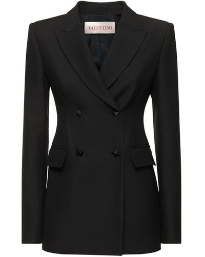 Valentino Double Breast Wool & Silk Crepe Blazer - Black