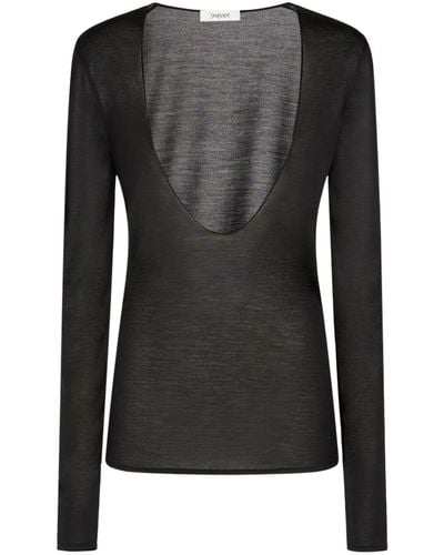 Saint Laurent Scoop Neck Silk Long-Sleeved T-Shirt - Black