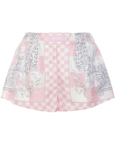 Versace Damier Print Silk Twill Baroque Shorts - Pink