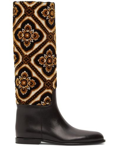 Etro 10mm Leather & Jacquard Tall Boots - Black