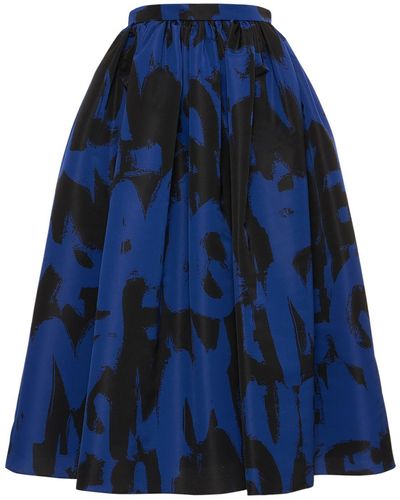 Alexander McQueen Gonna Midi In Popeline Pesante Con Pinces - Blu