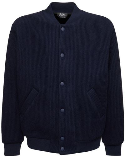 A.P.C. Wool Blend Knit Bomber Jacket - Blue