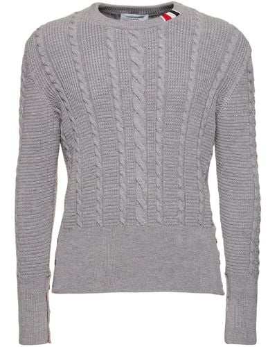 Thom Browne Pull-over en maille torsadée à col ras-du-cou - Gris