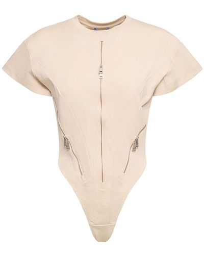 Mugler Cotton Crewneck Bodysuit W/ Zip - Natural