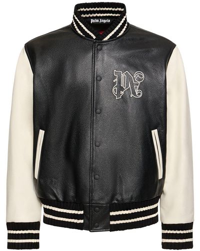 Palm Angels Black Monogram Leather Bomber Jacket