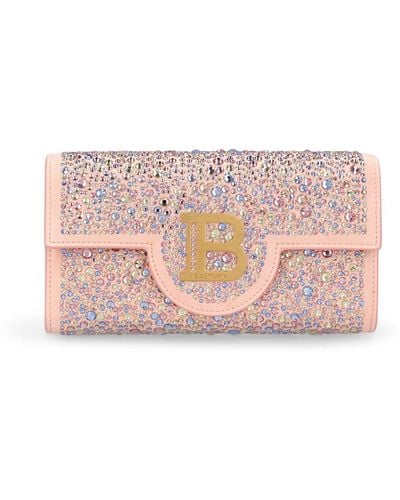 Balmain B-buzz Suede Leather & Crystal Clutch - Pink