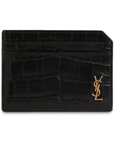 Saint Laurent Tiny Cassandre Croc Embossed Card Case - Black