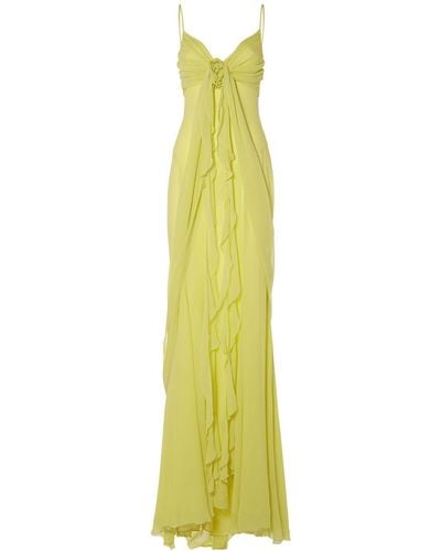 Blumarine Ruffled Silk Long Dress W/Rose - Yellow