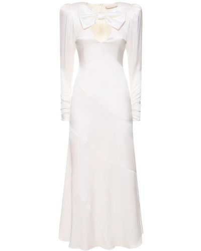 Alessandra Rich Silk Satin Midi Dress W/ Bow - White