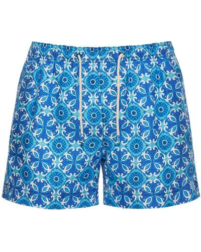 Peninsula Amalfi Print Straight Linen Swim Shorts - Blue
