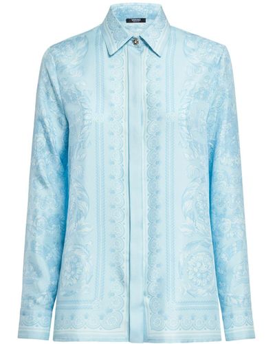 Versace Barocco Print Silk Twill Formal Shirt - Blue