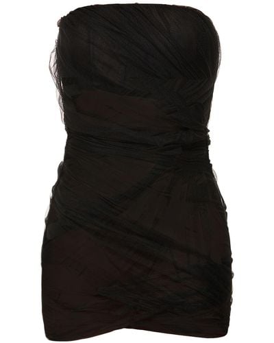 The Attico Eita Strapless Draped Tulle Mini Dress - Black