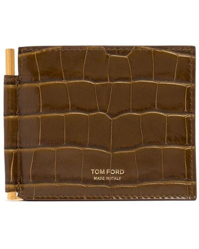 Tom Ford Patent Croc Embossed Clip Wallet - Brown