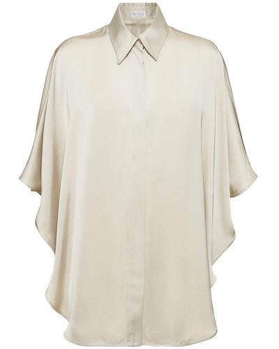 Brunello Cucinelli Camisa extragrande de kimono de satén - Blanco
