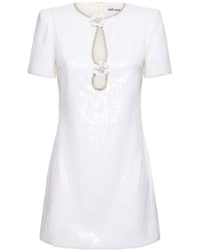 Self-Portrait Sequined Short Sleeve Mini Dress - White