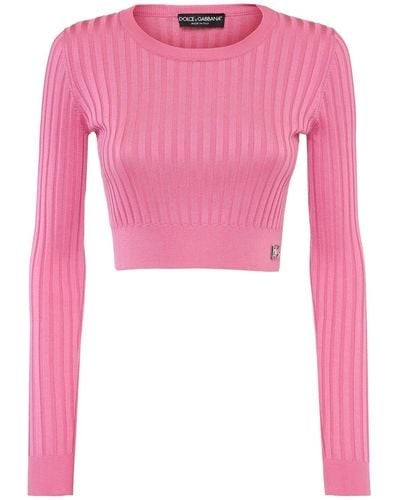 Dolce & Gabbana Rib Knit Silk Crop Sweater - Pink