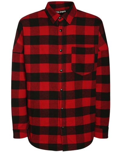 Palm Angels Logo Print Cotton Check Over Shirt - Red