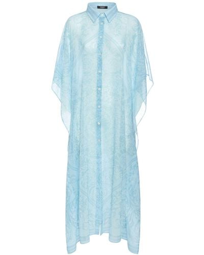 Versace Robe caftan longue en mousseline imprimé barocco - Bleu