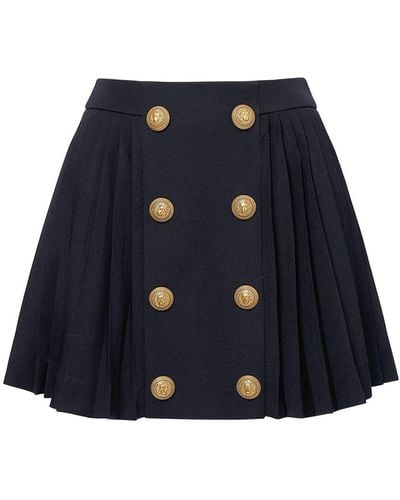 Balmain Pleated Wool Crepe Mini Skirt - Blue