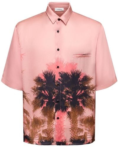 Laneus Palm Print Viscose S/s Shirt - Pink