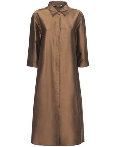 Max Mara Robe Midi En Soie Shantung Légère - Marron