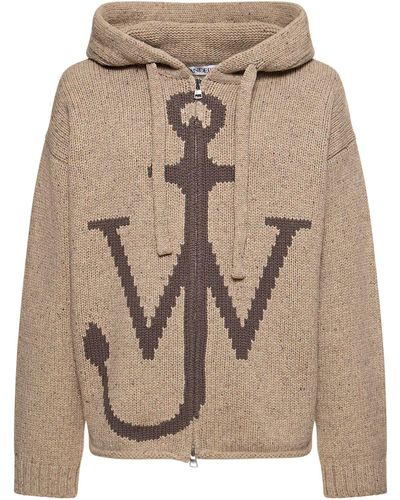 JW Anderson Logo Wool Knit Zip-Up Hoodie - Natural