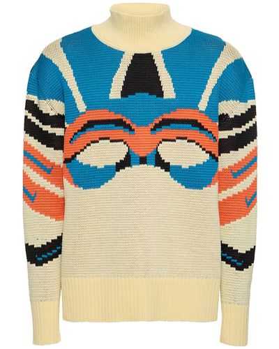 Bluemarble Mock Neck Wool Jacquard Sweater - Blue