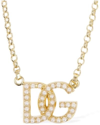Dolce & Gabbana Dg Logo Faux Pearl Necklace - Metallic