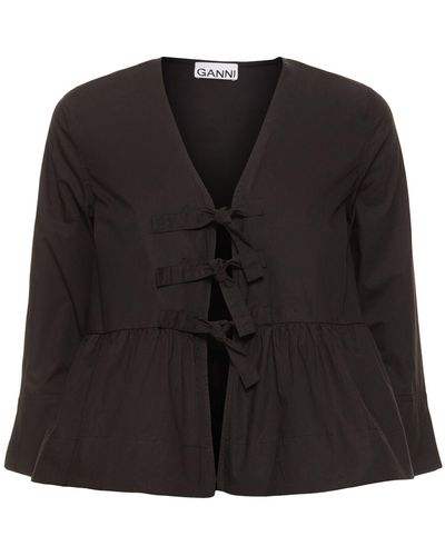 Ganni Cotton Poplin Tie String Peplum Shirt - Black