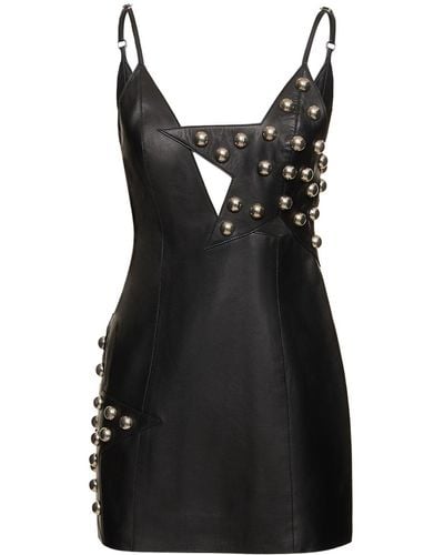 Area Studded Polka Dot Leather Mini Dress - Black