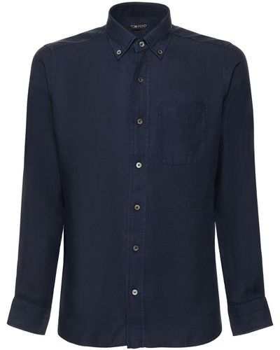 Tom Ford Camisa slim fit lyocell - Azul