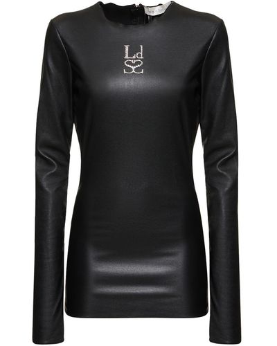 Ludovic de Saint Sernin Logo Long Sleeve Stretch Leather Top - Black