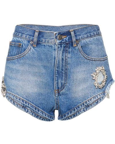 Area Embellished Denim Hot Shorts - Blue