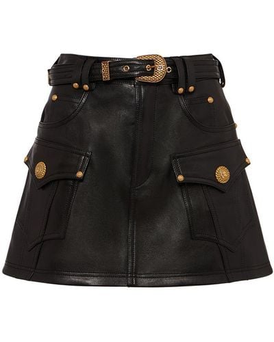Balmain Trapeze Belted Leather Mini Skirt - Black