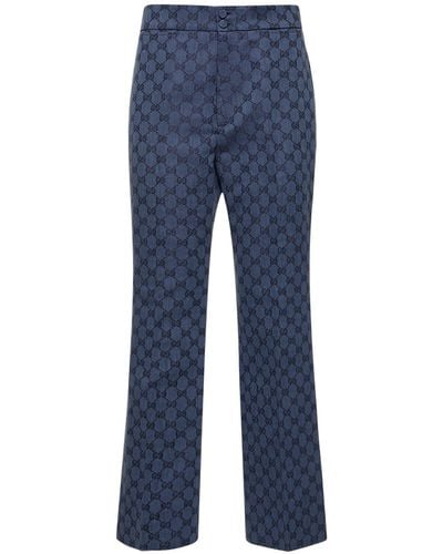 Gucci Pantalones de lino y algodon con GG en jacquard - Azul