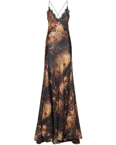 Roberto Cavalli Printed Silk Twill Long Dress W/ Lace - Multicolor