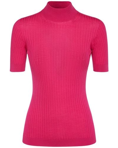 Versace Wool Rib Knit Turtleneck Top - Pink