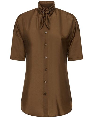 Lemaire Short Sleeve Fitted Silk Shirt W/ Scarf - Brown