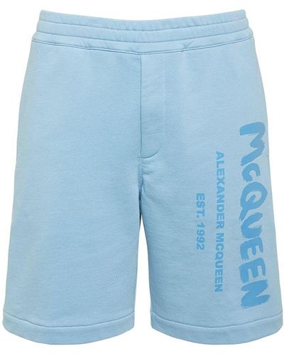 Alexander McQueen Shorts De Felpa De Algodón Con Logo Graffiti - Azul