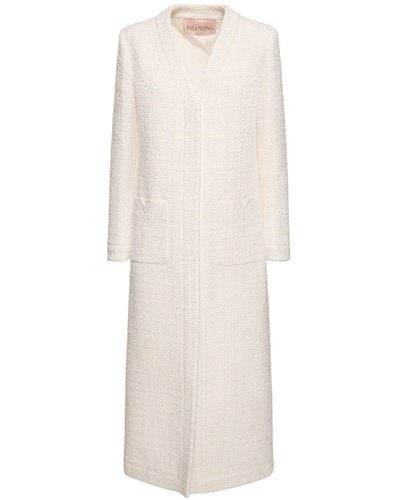 Valentino Tweed Lurex V Neck Long Coat - White