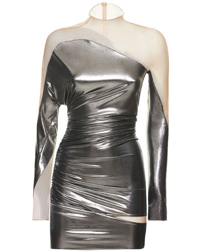 Mugler Metallic Jersey & Tulle Mini Dress - Gray