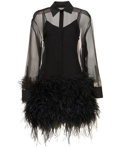 Valentino Vestido camisero de seda con plumas - Negro