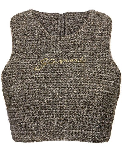 Ganni Logo-embroidered Crochet-knit Crop Top - Gray
