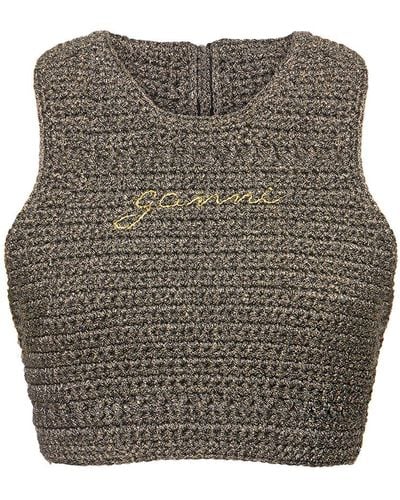 Ganni Logo-embroidered Crochet-knit Crop Top - Grey