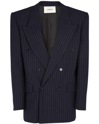 Saint Laurent Double Breasted Pinstriped Wool Jacket - Blue