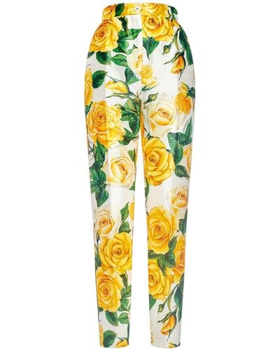 Dolce & Gabbana Silk Mikado Rose Print Straight Pant - Yellow