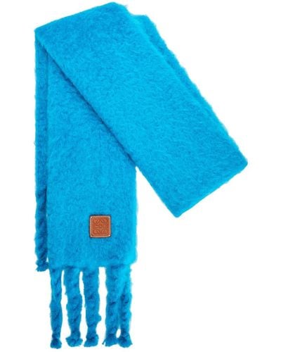 Loewe Knit Mohair Blend Fringed Scarf - Blue