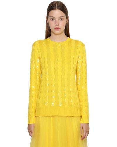Ralph Lauren Collection Sequined Cable Silk Knit Sweater - Yellow